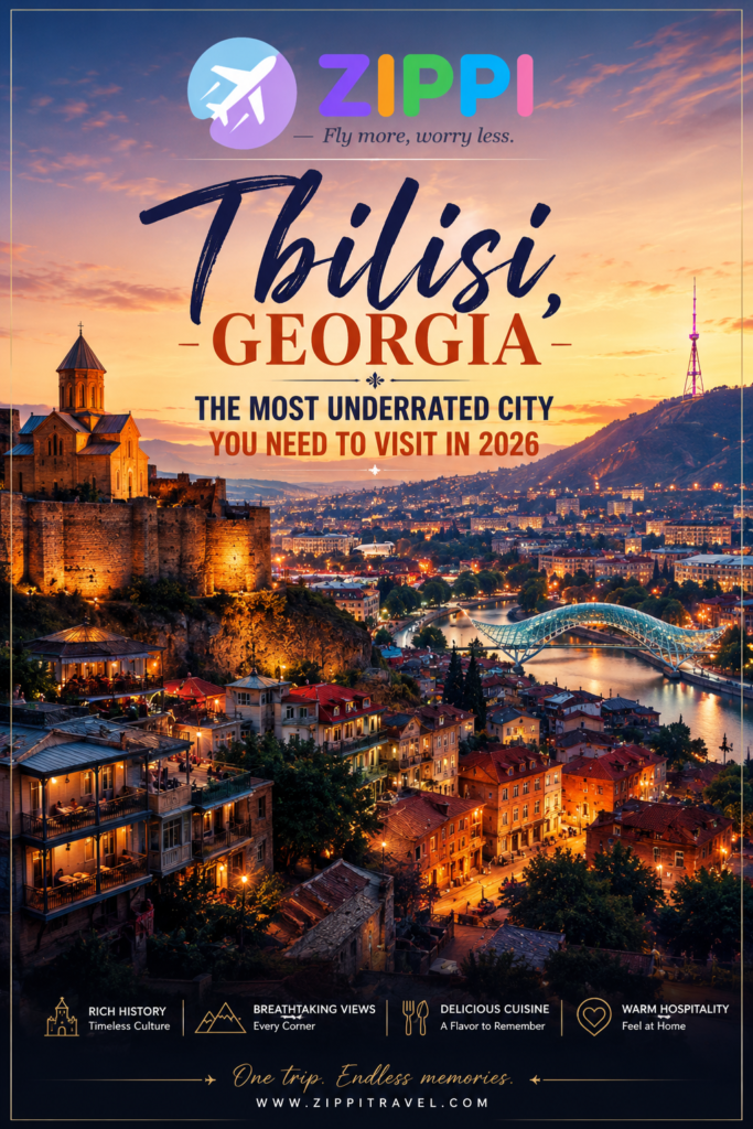 Luxury travel poster of Tbilisi at sunset featuring historic architecture, glowing city lights, river views, and the headline “The Most Underrated City You Need to Visit in 2026” by ZIPPI Travel.