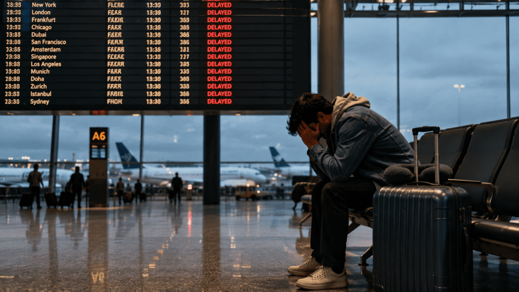 Flight Delay Frustrated traveler at airport gate with flight delay board showing delayed status — flight delay compensation how to claim 2026