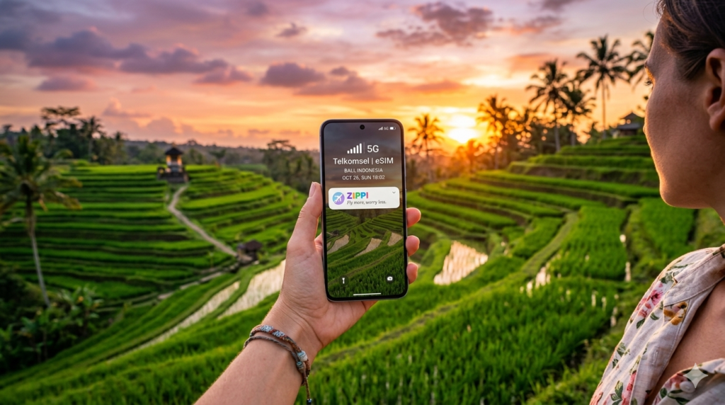 Smartphone showing eSIM signal in Bali with rice terraces in background — best eSIM for Bali Indonesia 2026