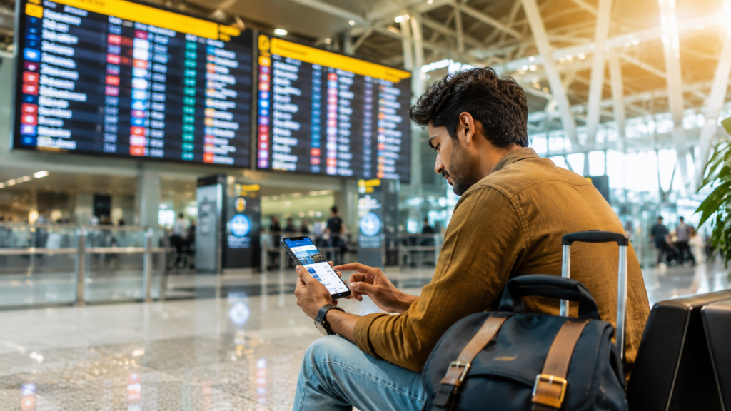 Smart traveler saving money on international trip 2026 — checking cheap flights on phone at airport with lightweight backpack