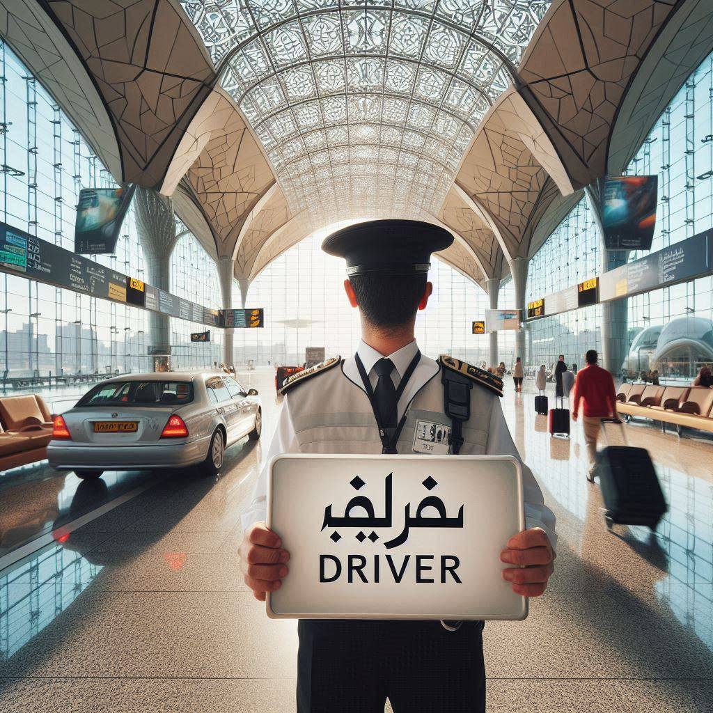 Best airport transfer Dubai 2026 — professional driver with name sign at DXB arrivals hall for city transfer
